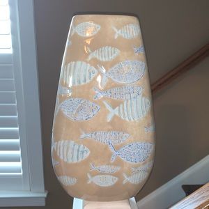Beige Blue Fish Pattern Tear Drop Ceramic Vase